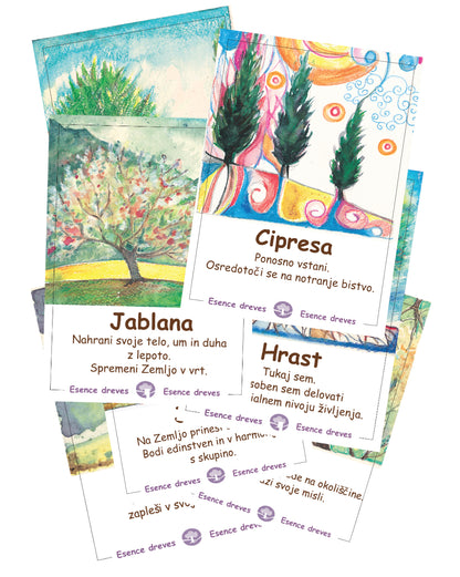 posamezne energetske kartice esenc dreves, esence dreves, kartice za izbor esence drevesa. orodje za intuitivno izbiro, osebno rast, aromaterapijo in meditacijo